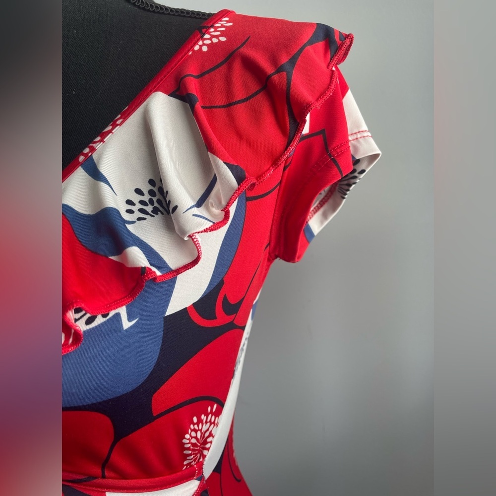 Floral Ruffle V-Neck Top - Red and Blue - Picture 2 of 5